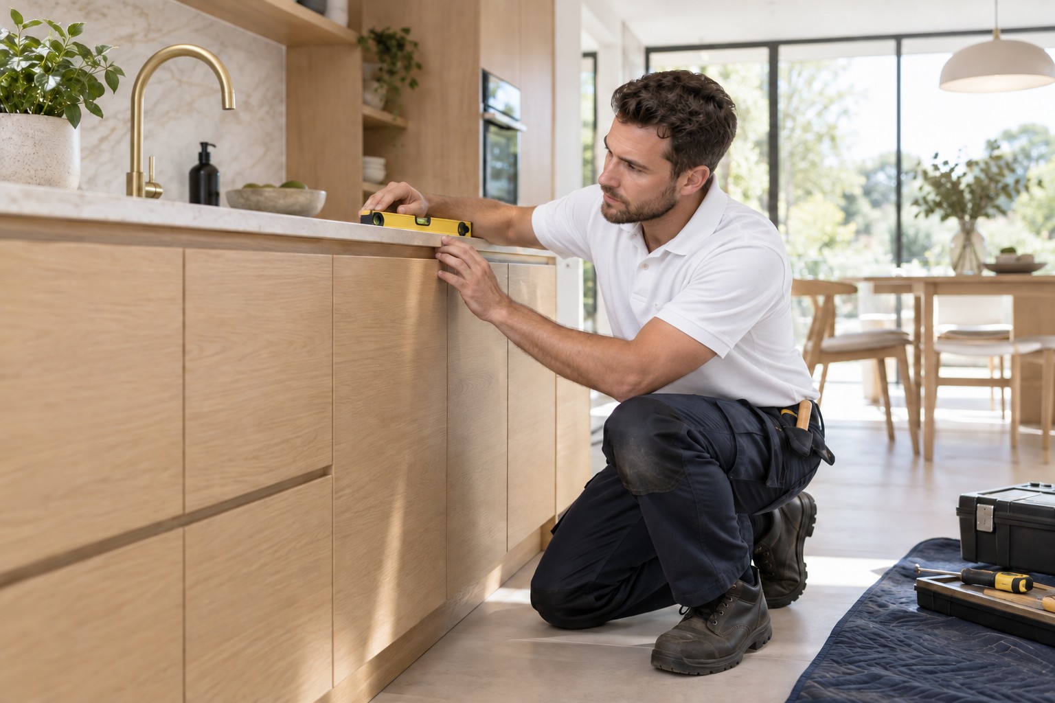 A professional installer checking finished oak cabinetry in a clean kitchen