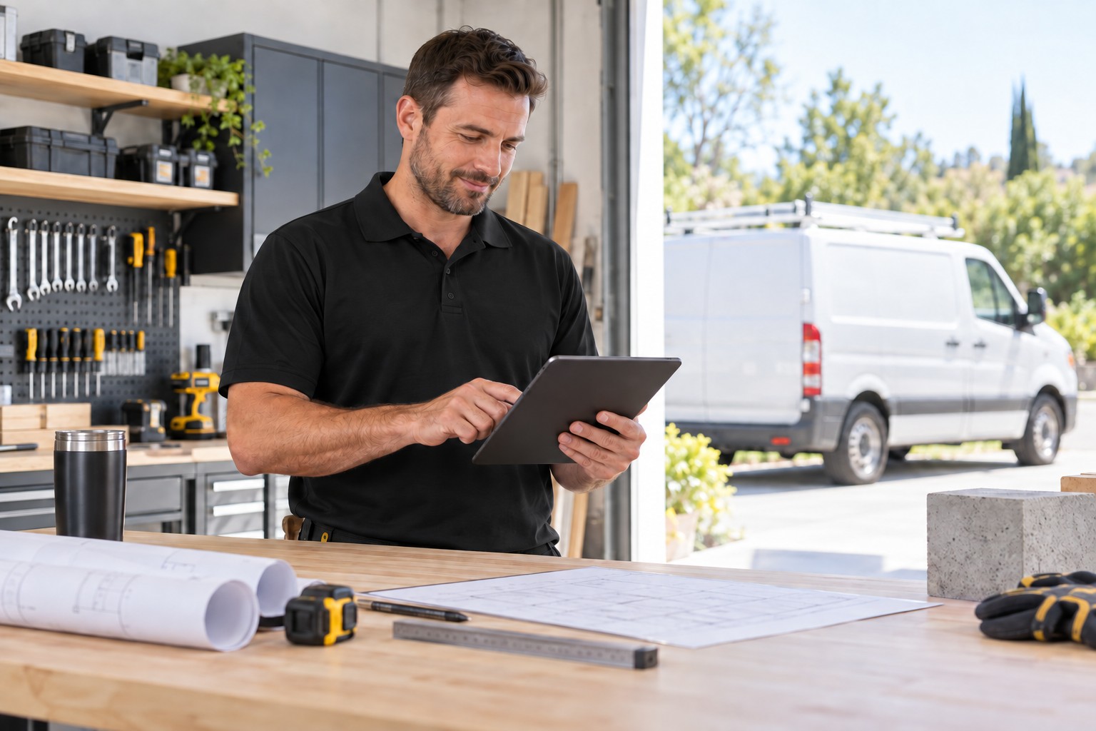 A professional service business owner reviewing plans in a bright organized workshop