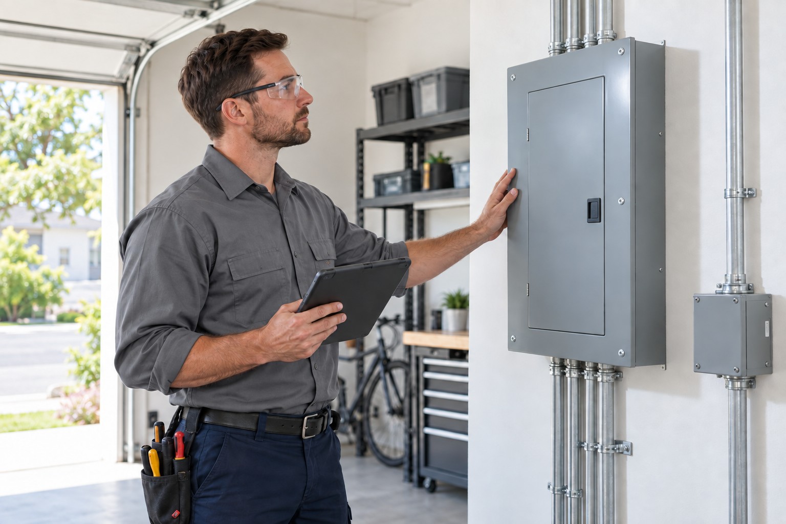 A professional electrician inspecting a closed electrical panel in a bright garage
