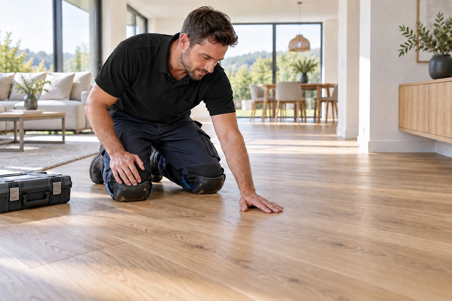 A professional installer inspecting finished oak flooring in a bright home