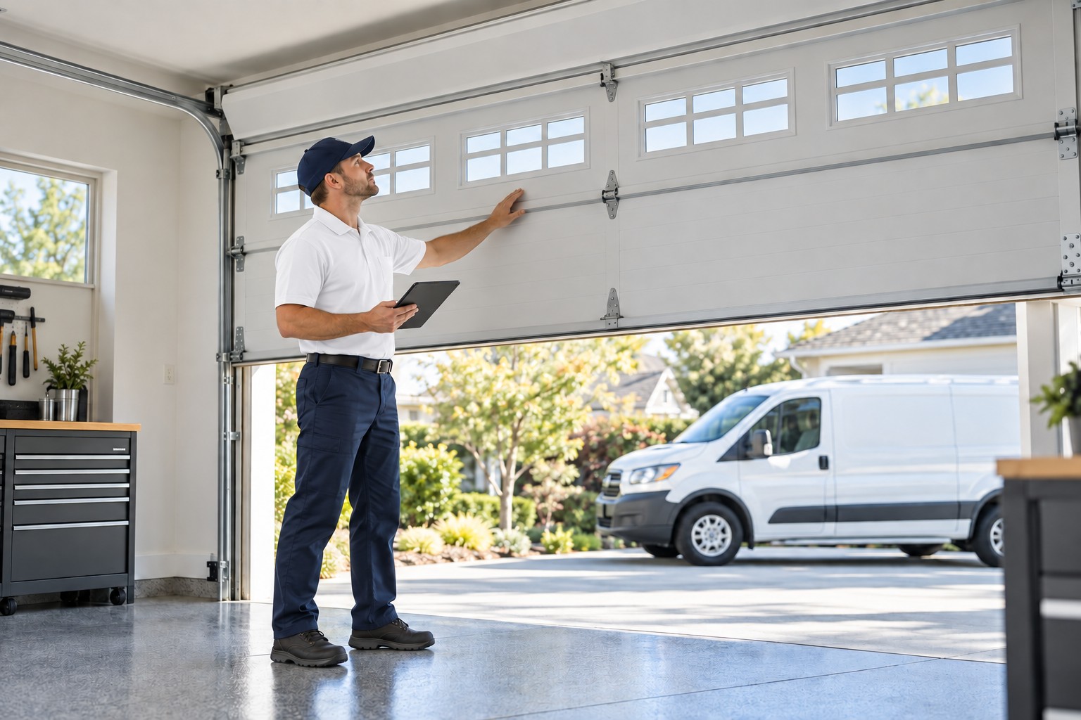 A uniformed technician inspecting a modern garage door in a clean garage