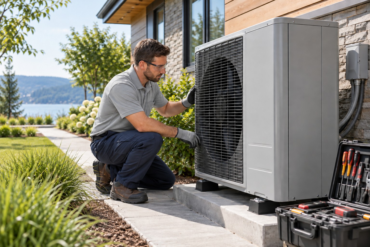 A professional HVAC technician inspecting a modern heat pump at a tidy home