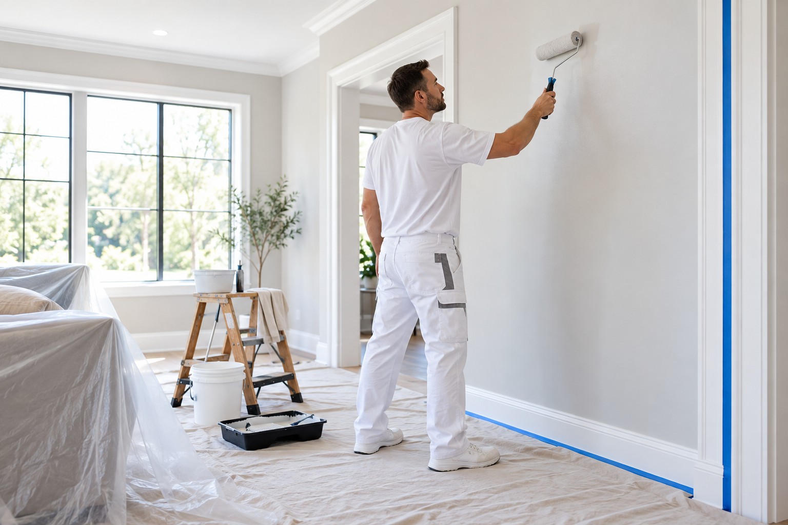 A professional painter working carefully in a bright protected interior