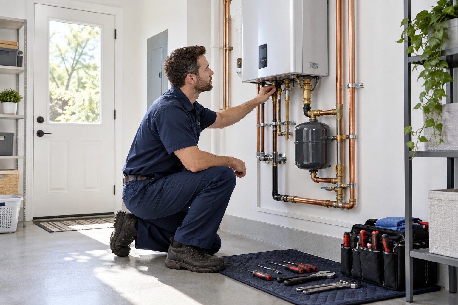 A uniformed plumbing technician inspecting a tidy modern water heater installation