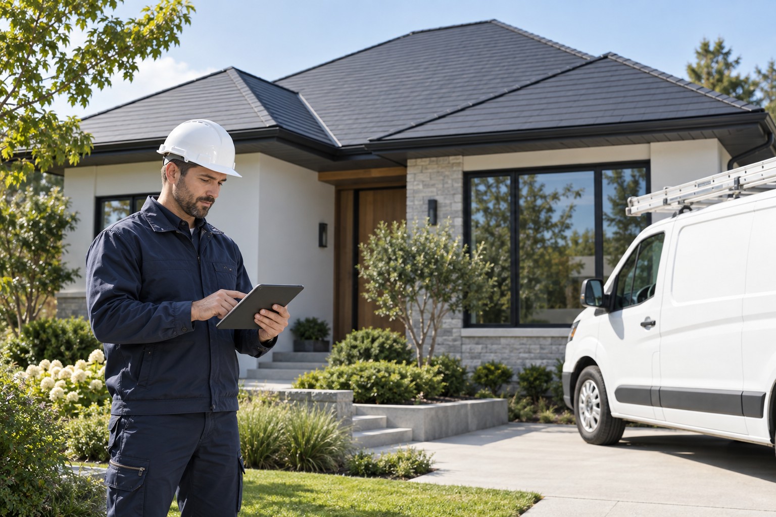 A professional roofing technician reviewing plans beside a clean modern service van