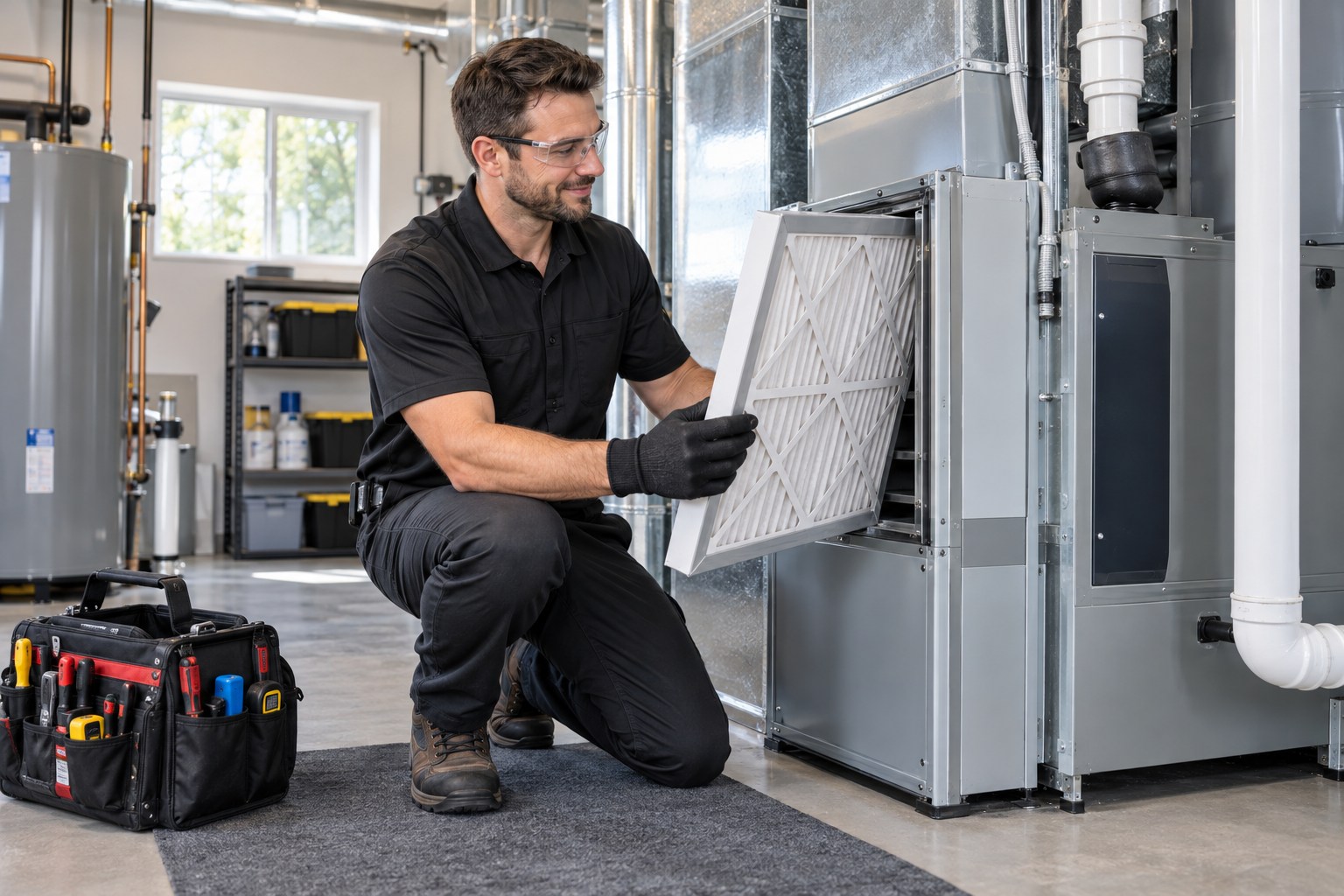 A professional indoor-air technician inspecting a neatly installed whole-home filtration unit connected to modern HVAC ductwork in a bright immaculate mechanical room, clean filter sample in hand and organized tools