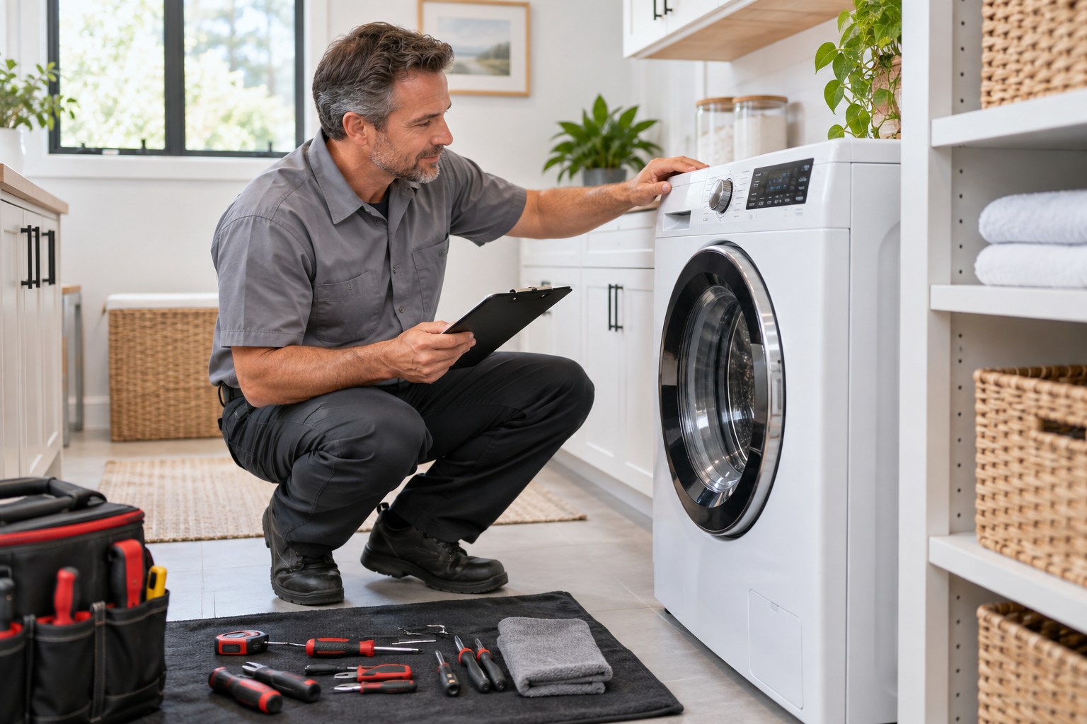 A professional appliance technician inspecting a modern freestanding washing machine in a bright immaculate laundry room, neatly organized hand tools on a protective mat, appliance closed and unplugged, realistic diagnostic visit
