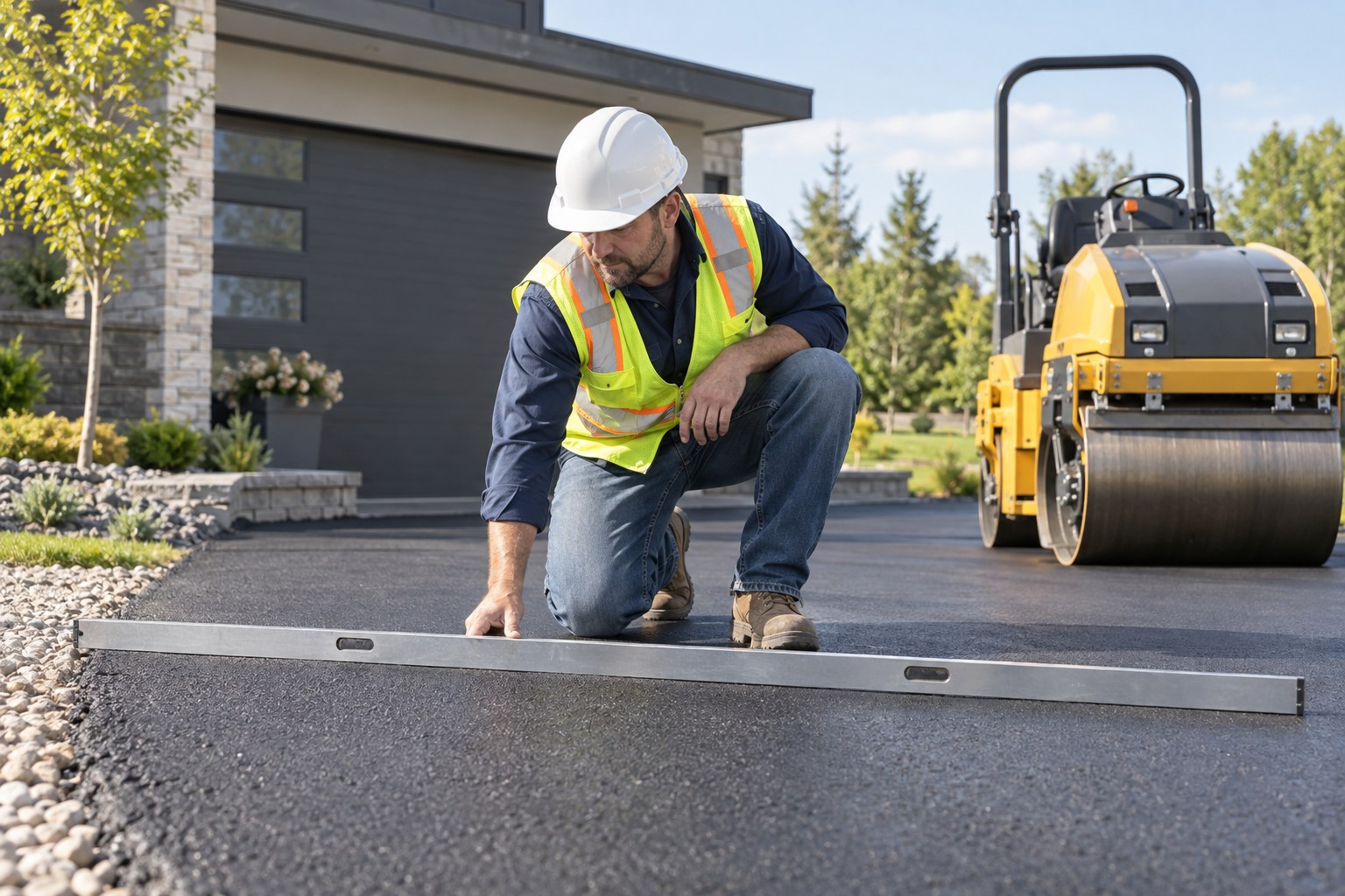 A professional paving supervisor wearing hard hat and high-visibility vest inspecting the straight edge of a freshly finished asphalt driveway beside a clean modern roller parked safely, bright daylight, orderly site