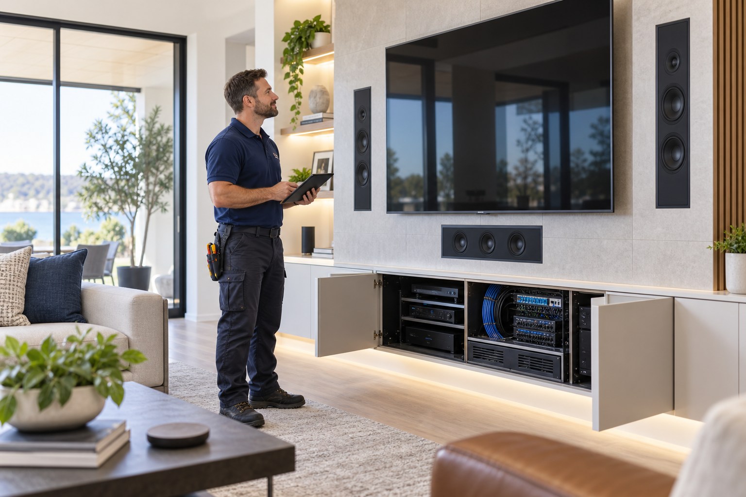 A professional AV installer checking a finished media wall with a large dark television and neatly integrated speakers in a bright modern living room, clean equipment cabinet open to show organized wiring, tablet in hand