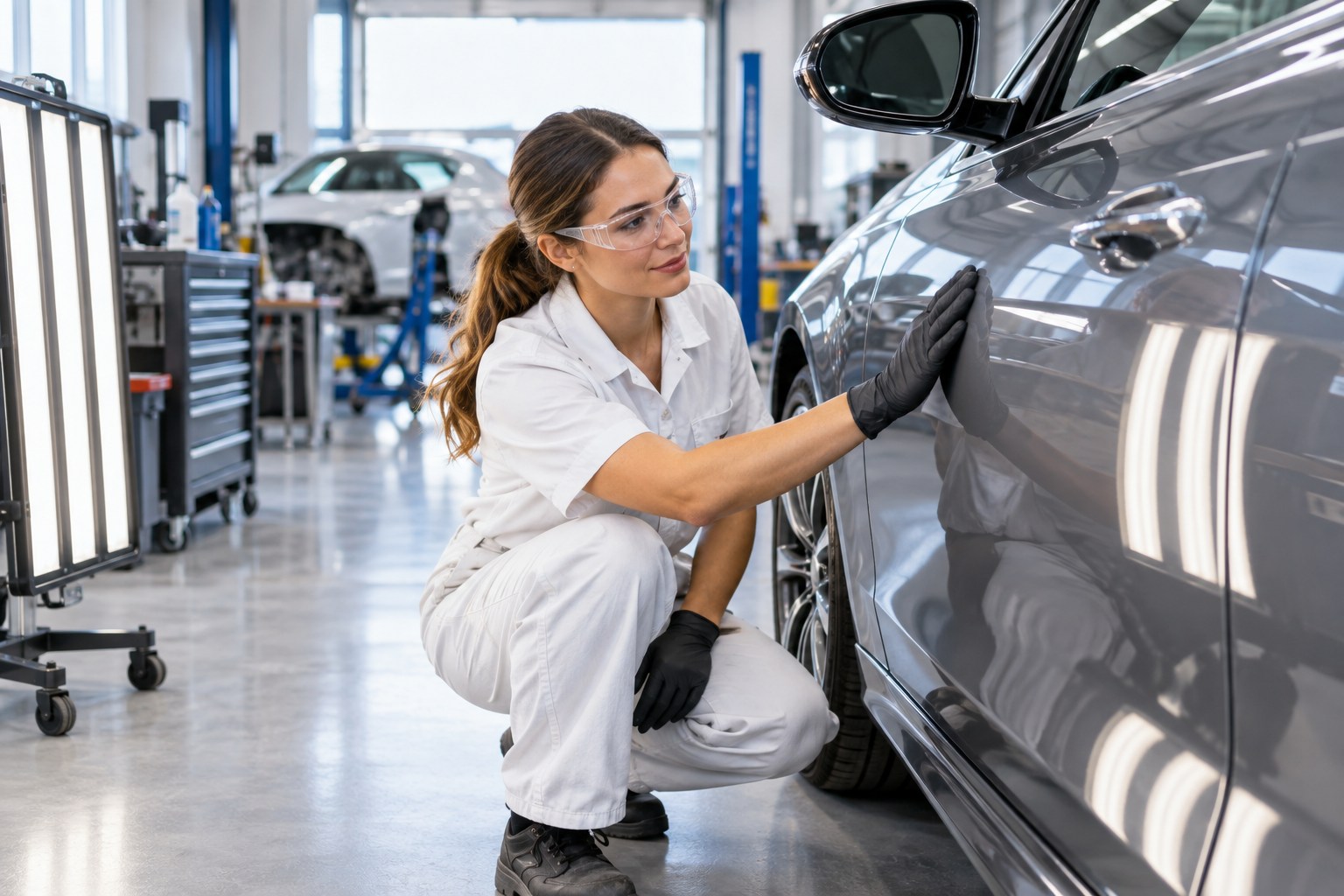 A professional collision-repair technician in clean workwear inspecting the smooth refinished body panel of a modern car under bright inspection lights in an immaculate body shop, organized equipment and no spraying