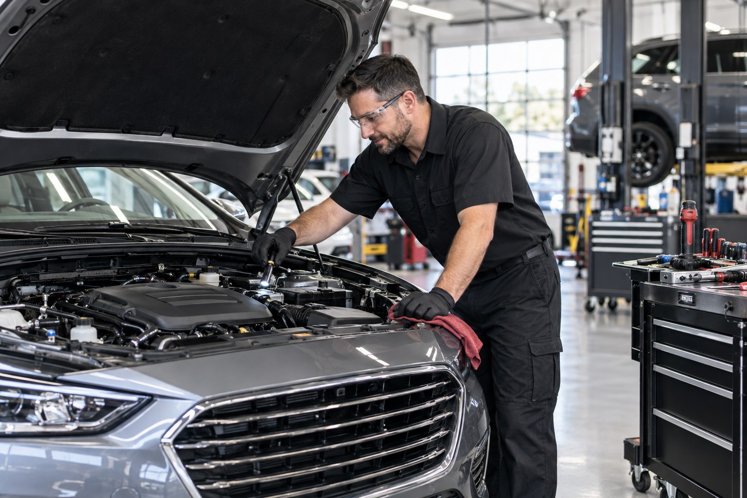 A professional automotive technician in a clean work uniform and safety glasses inspecting a modern sedan's engine bay in a spotless organized repair workshop, neat tool trolley, vehicle on ground, bright shop lighting