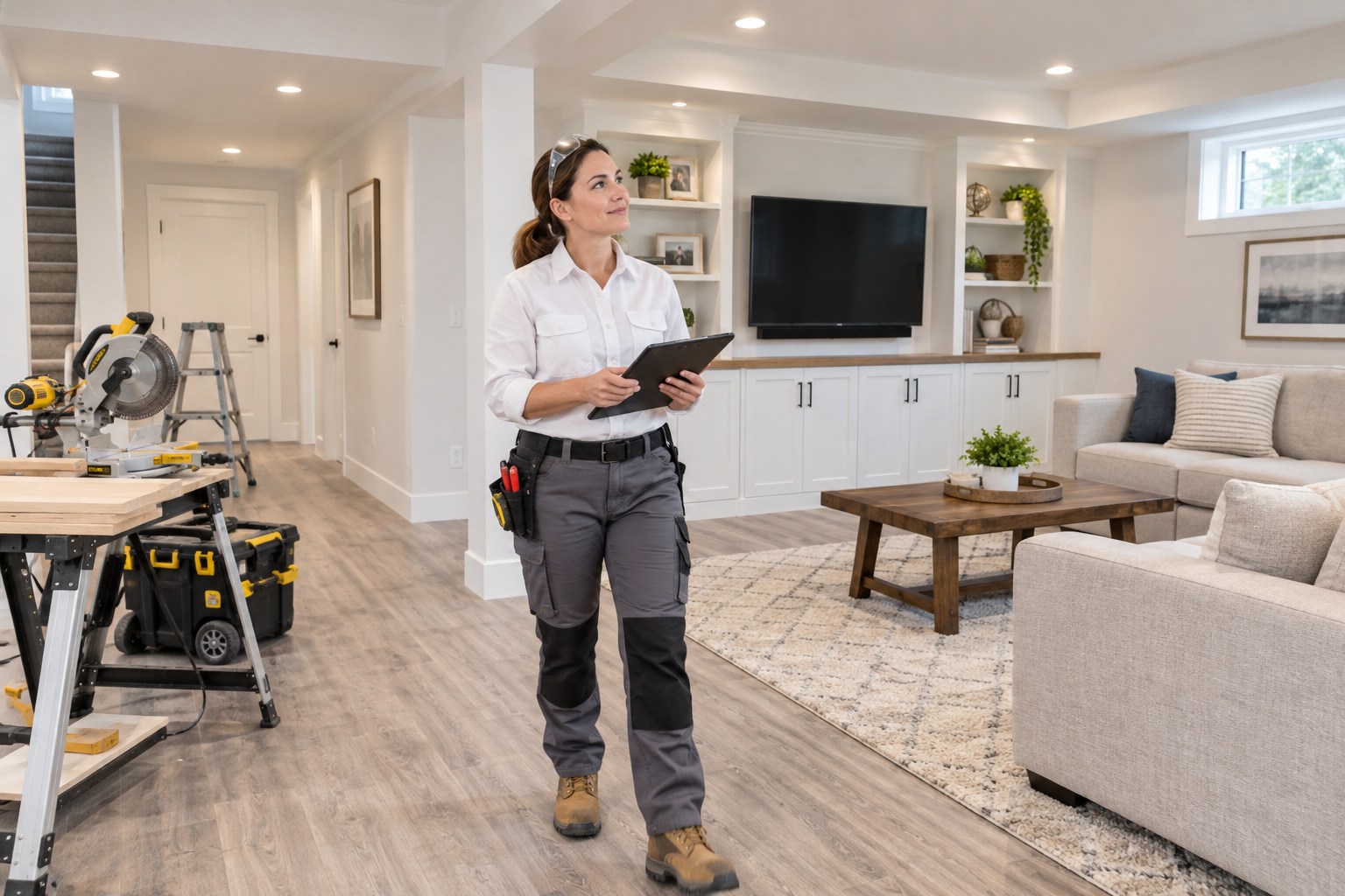 A professional basement finishing contractor checking a newly completed bright basement family room with built-in storage and recessed lighting, tidy finishing tools, clean white trim and new floor