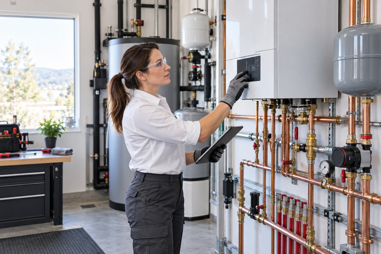 A professional boiler technician inspecting a neat wall-mounted condensing boiler and organized hydronic piping in a bright mechanical room, clean closed controls and protective covers, organized tools