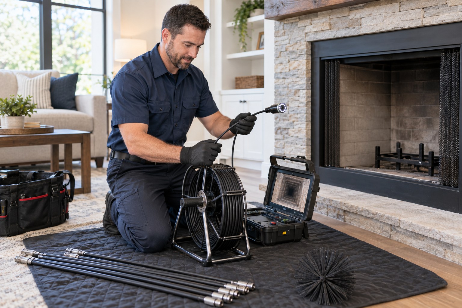 A professional chimney-sweep technician in a clean uniform and gloves setting up a chimney inspection camera and neatly arranged flexible rods on a protective hearth mat in a bright modern living room, clean fireplace, no dust cloud