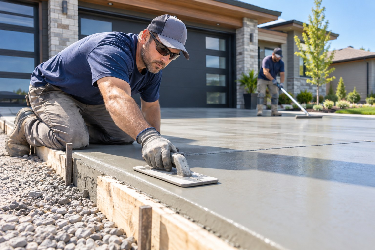 Professional concrete finishers wearing appropriate work boots and gloves carefully finishing the edge of a new concrete driveway with a hand float, straight clean forms, orderly worksite and modern home behind