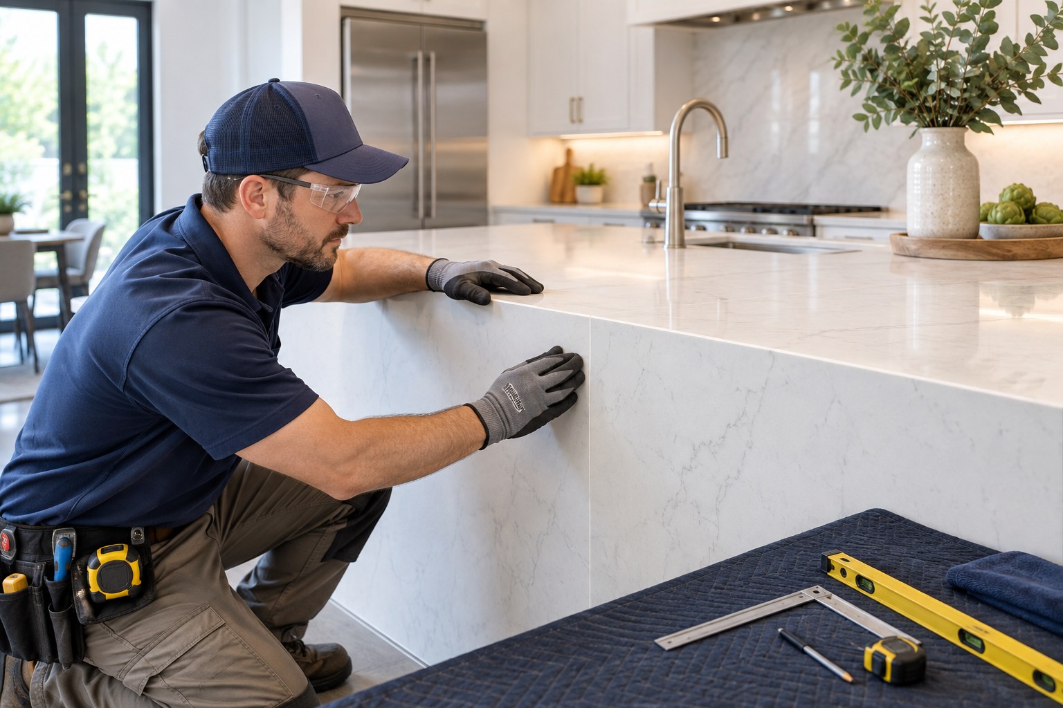 A professional countertop installer checking the finished edge and seam of a pale quartz kitchen island, bright premium kitchen, clean protective mat and neatly arranged measuring tools