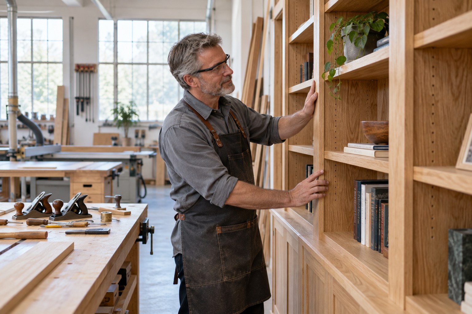 A professional millworker in safety glasses checking a beautifully crafted custom oak built-in bookshelf in a bright clean woodworking studio, workbench with neatly arranged planes and measuring tools, finely detailed joinery