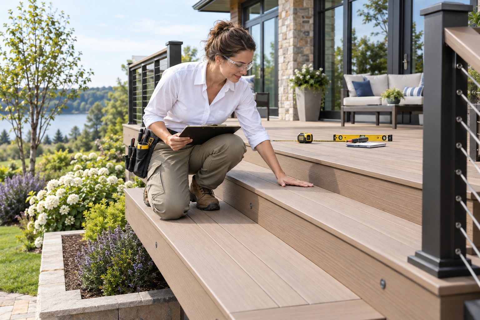 A professional deck builder inspecting a completed natural-toned composite deck beside a contemporary home, clean railings and precisely fitted steps, neatly arranged measuring tools, bright garden