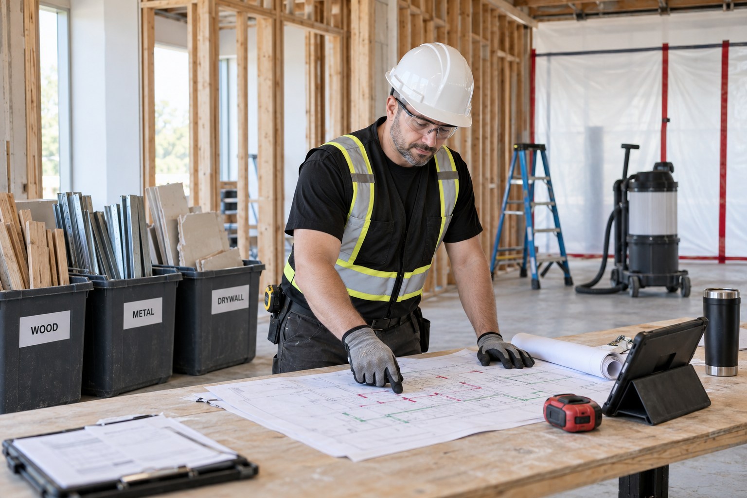A professional selective-demolition supervisor in hard hat and PPE reviewing marked renovation plans in a clean stripped interior with neatly exposed framing, materials sorted into tidy bins, dust-control partition, no active destruction