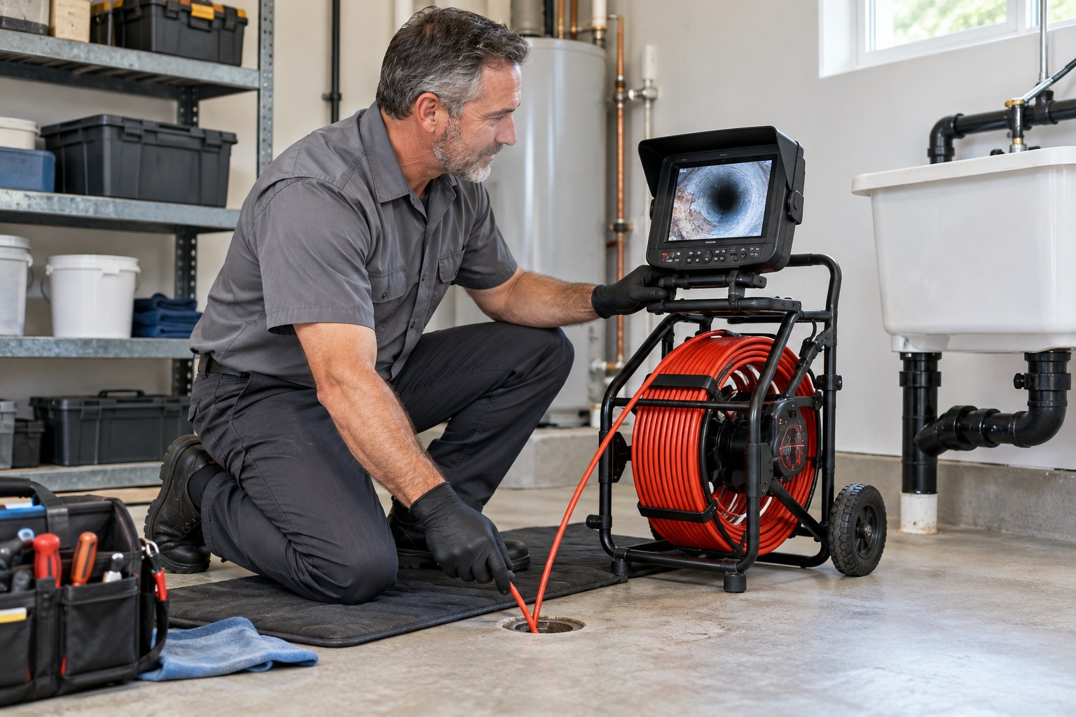 A professional drain technician operating a drain inspection camera monitor beside a neatly coiled inspection reel in a clean utility room, gloves, tools on a protective mat, bright professional service scene, no dirty water