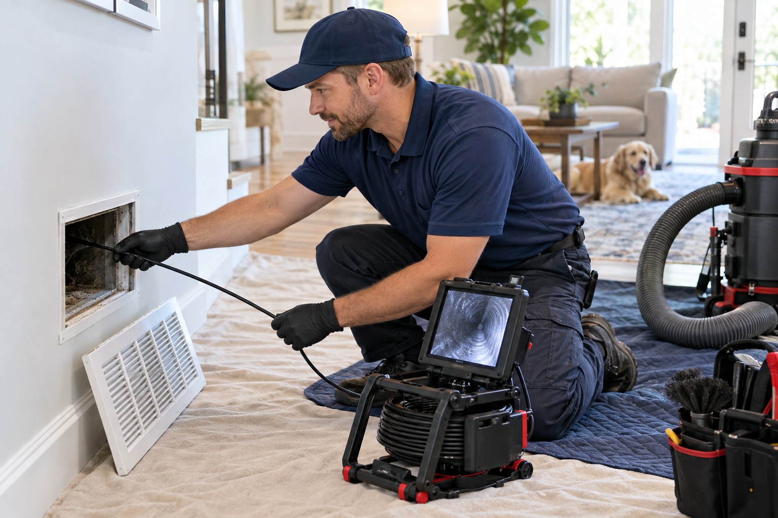 A professional duct-cleaning technician wearing clean uniform and gloves positioning an inspection camera at a removed low wall return-air grille, neatly arranged vacuum hose and protective floor covering in a bright home