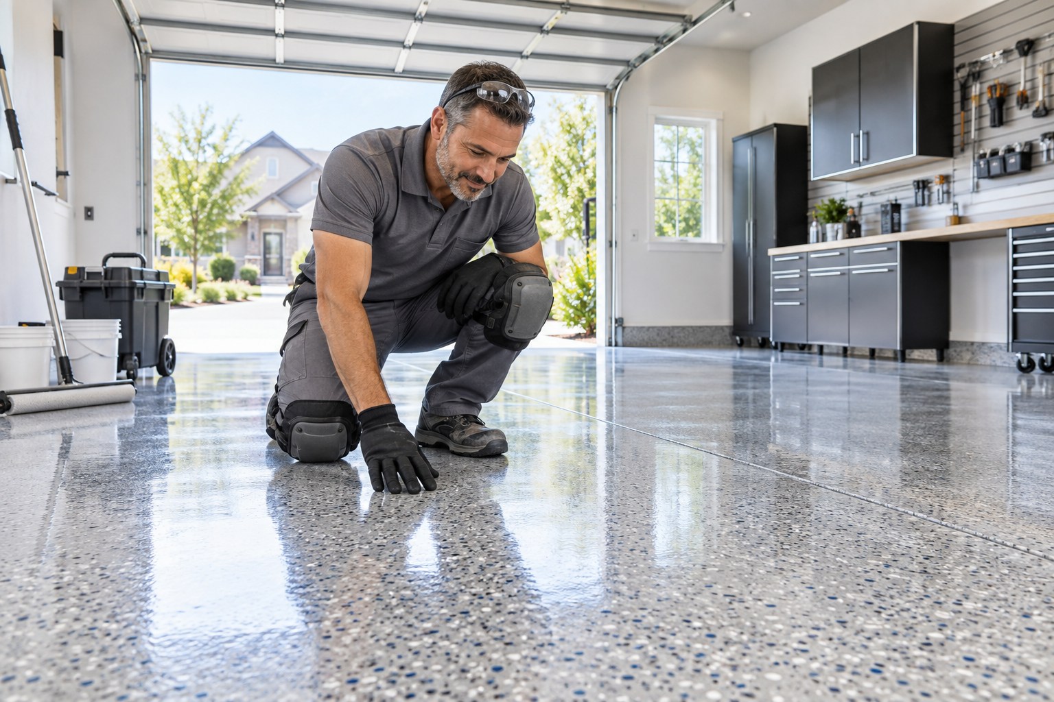 A professional floor coating installer inspecting the finish of a completed glossy decorative-flake epoxy garage floor, clean kneepads, bright empty modern garage, neat tools and gleaming even finish