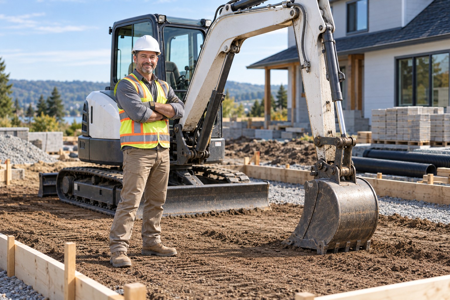 A professional excavation operator wearing hard hat and safety vest standing beside a clean modern compact excavator at a neatly graded residential building site, straight work boundaries, stacked materials, bright daylight