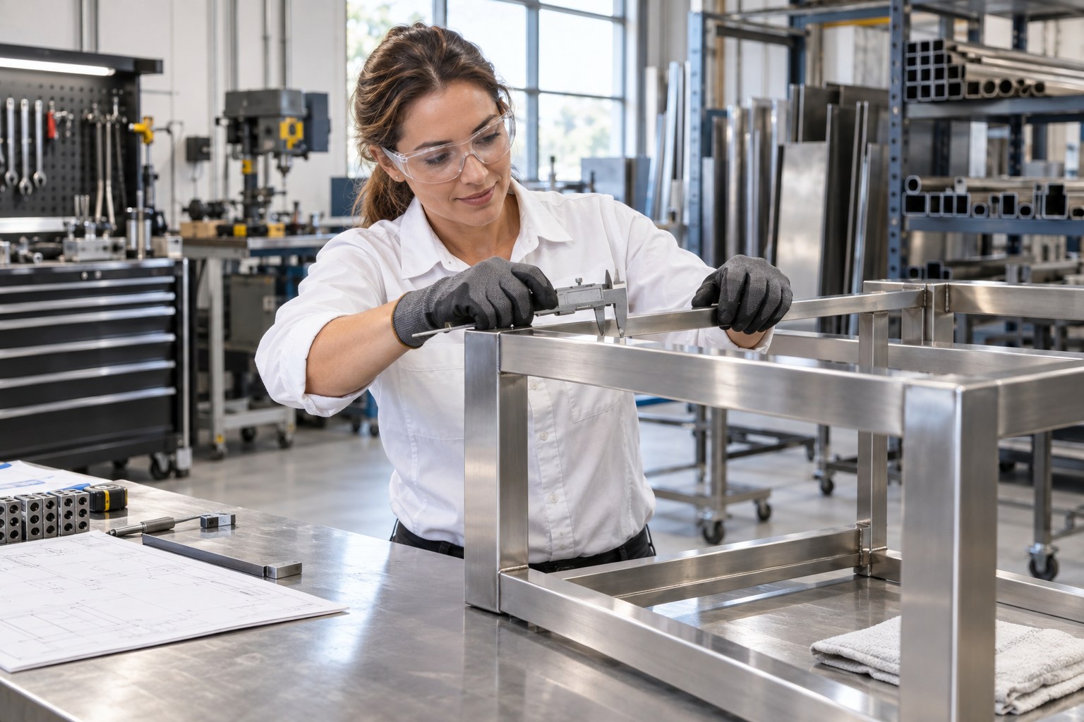 A professional metal fabricator wearing safety glasses checking a completed stainless-steel architectural frame on a clean modern fabrication bench with a caliper, organized equipment and materials racks in a bright workshop