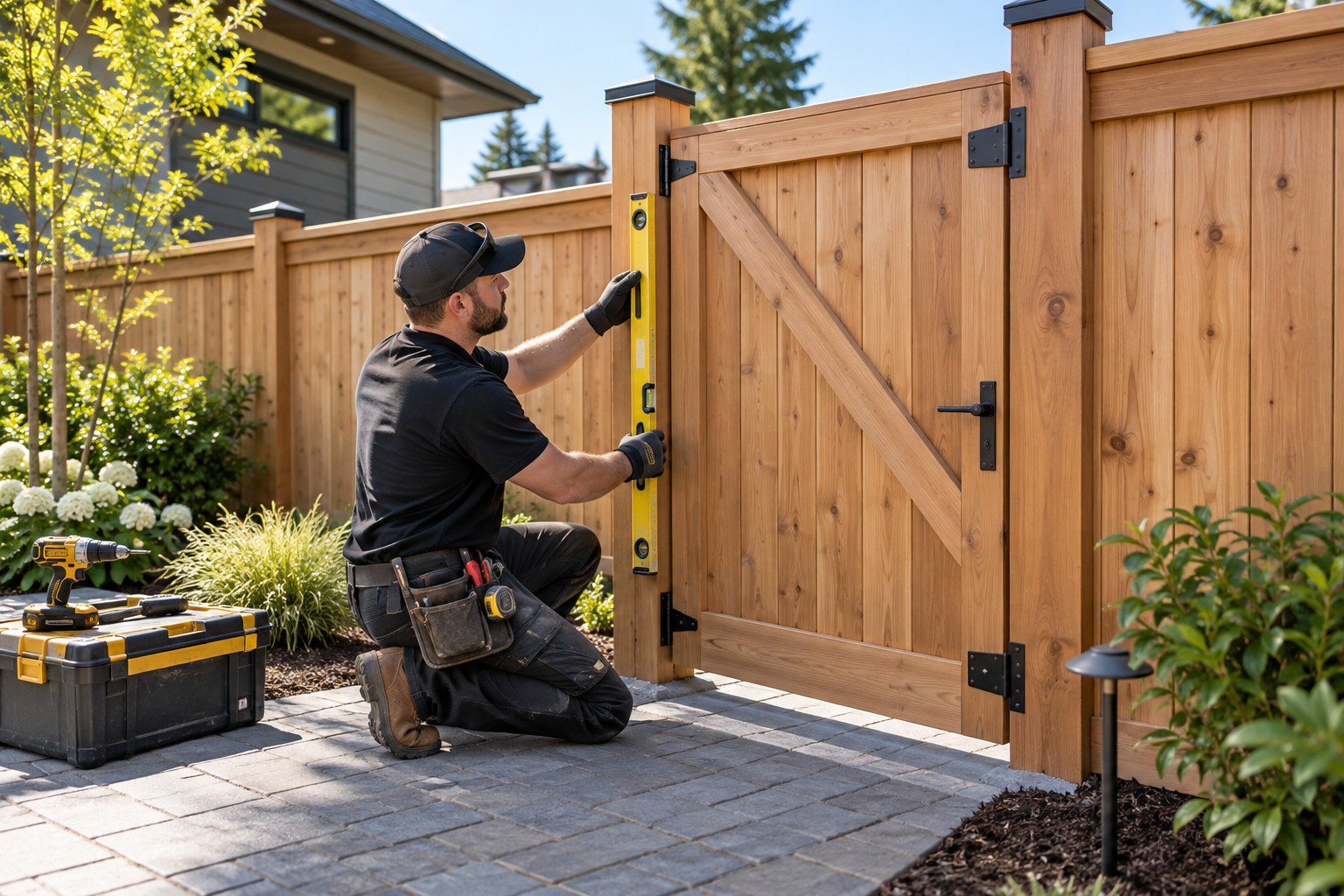 A professional fence installer measuring the alignment of a newly installed cedar gate and fence in a tidy landscaped yard, clean post bases, organized tools, crisp sunny morning