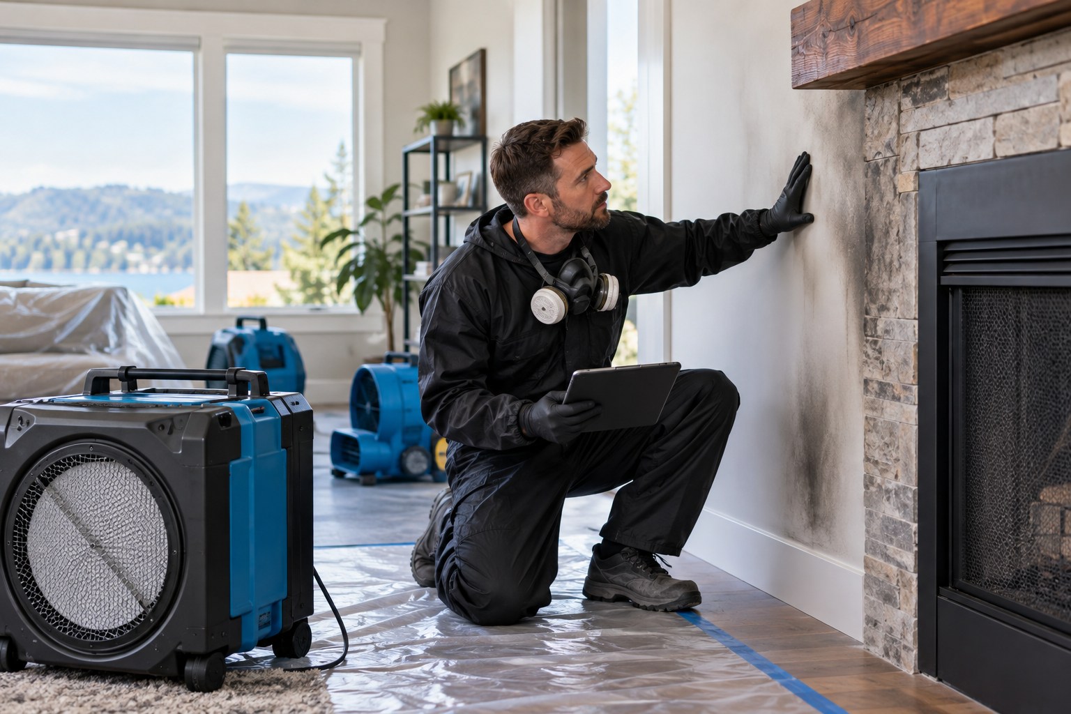 A professional fire-restoration technician in clean protective coveralls and gloves inspecting a carefully cleaned fireplace-adjacent room with a small remaining smoke-marked wall section, organized HEPA air scrubber, bright open windows, no flames or distressed people
