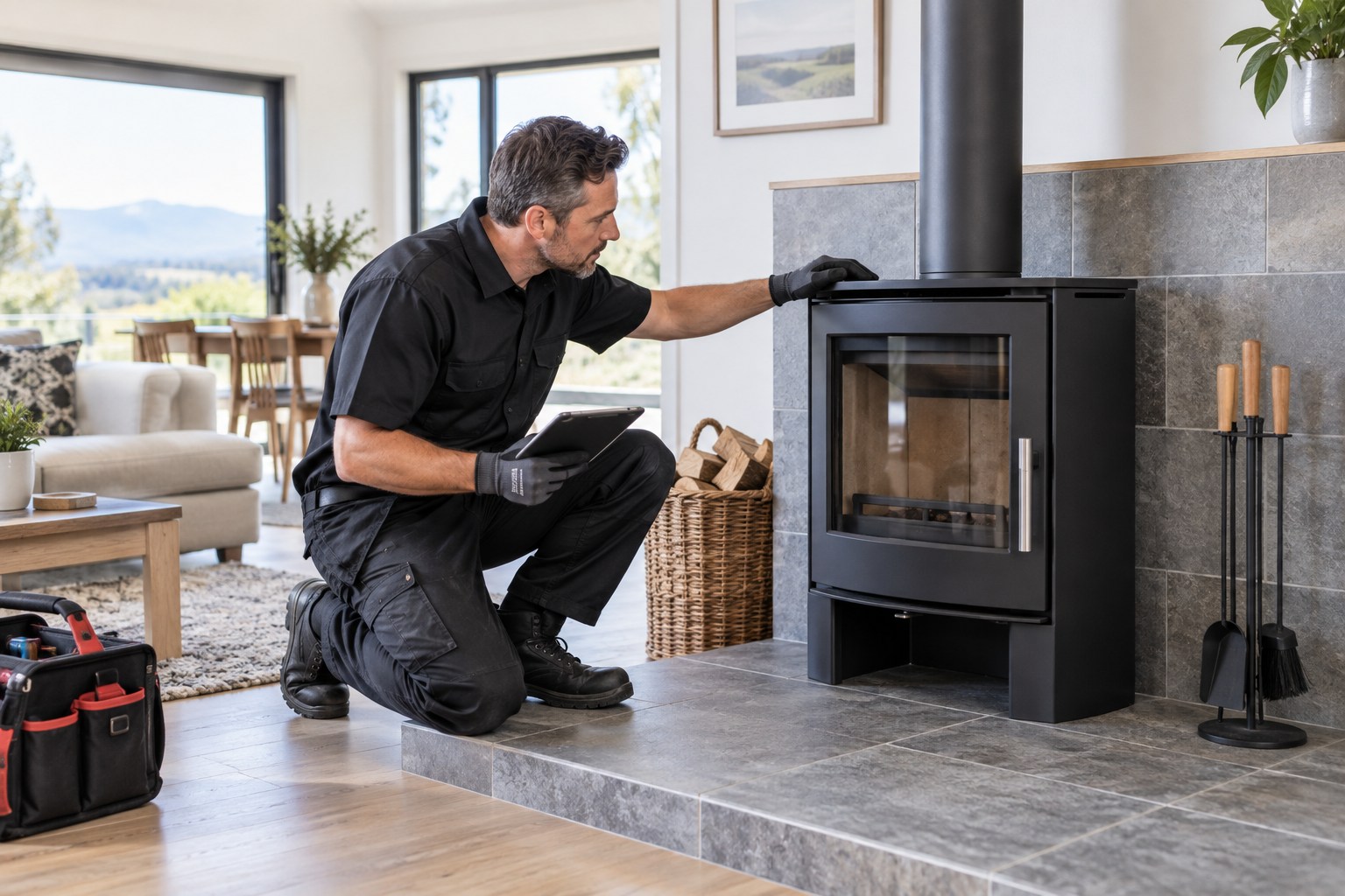 A professional hearth technician inspecting a newly installed freestanding modern black wood stove with a clean flue and beautifully tiled hearth in a bright contemporary home, stove unlit, neatly arranged tools