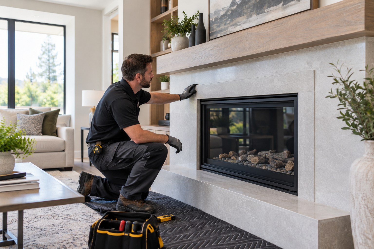 A professional fireplace installer checking the trim of a completed contemporary built-in gas fireplace in a bright immaculate living room, fireplace off, tidy tools and protected hearth, elegant finished surround