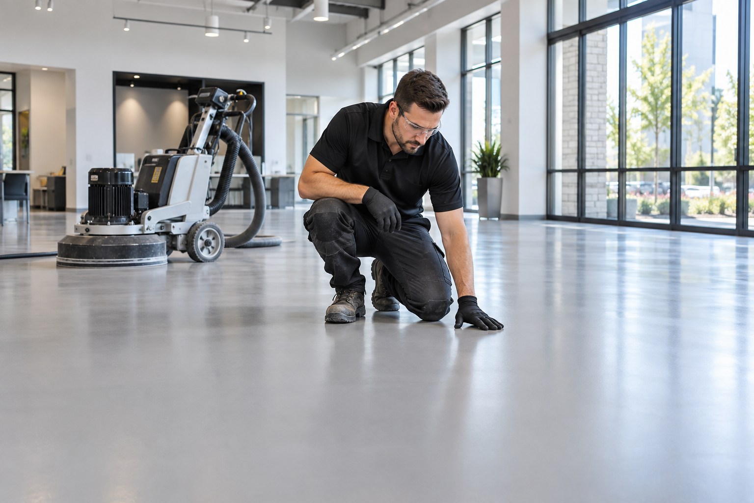 A professional floor-coating technician inspecting an evenly finished satin light-grey commercial showroom floor, crisp clean edges, organized floor-preparation machine parked nearby, bright empty modern interior