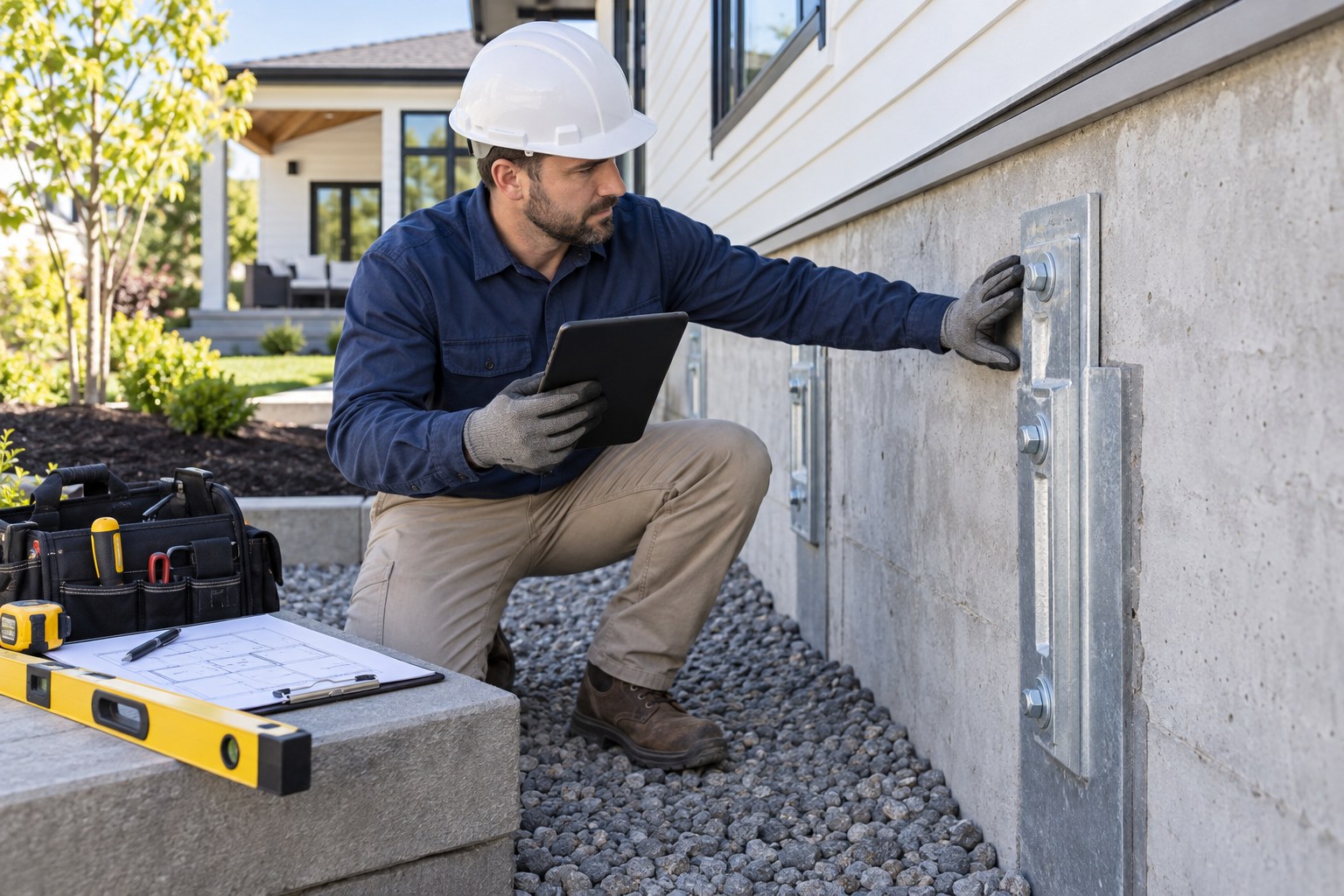 A professional foundation-repair specialist wearing hard hat inspecting a documented repaired foundation wall section at ground level outside a bright modern home, tablet and neatly arranged measurement tools, no unsafe excavation