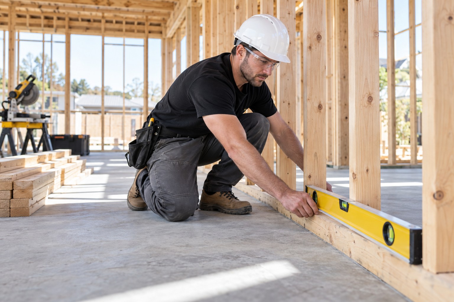 A professional framing carpenter wearing hard hat and eye protection checking straight new timber wall framing with a long level at ground level in a clean orderly new-build home, bright natural daylight, lumber neatly stacked