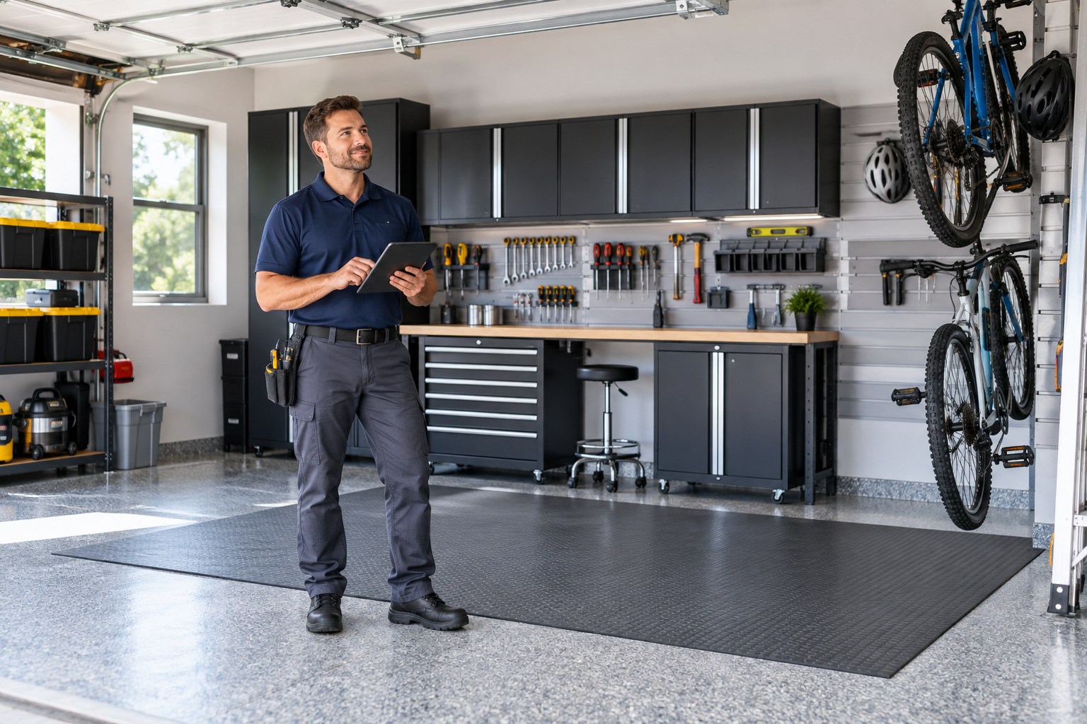A professional garage organization specialist reviewing a completed tidy garage layout with wall-mounted tool storage, cabinets, a workbench and clearly organized bicycles, modern clean space, tablet in hand