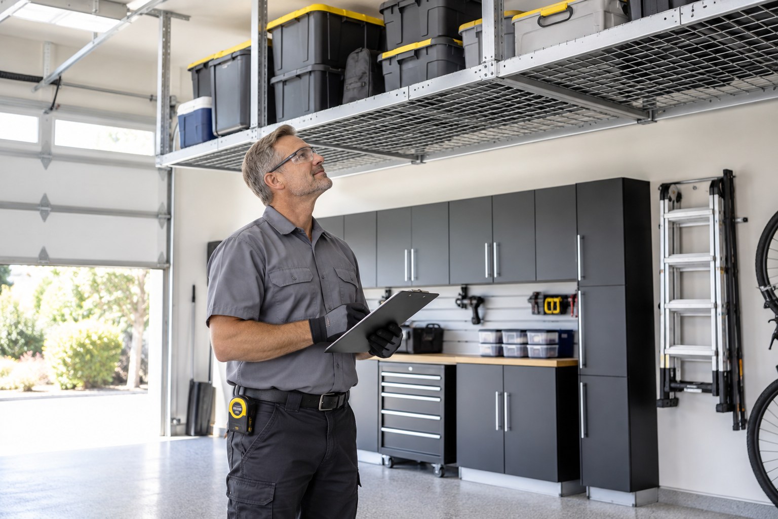 A professional garage-storage installer inspecting a newly fitted overhead metal storage rack from the ground in a spotless bright garage, ladder folded and stowed, neatly organized cabinets and small closed bins on rack