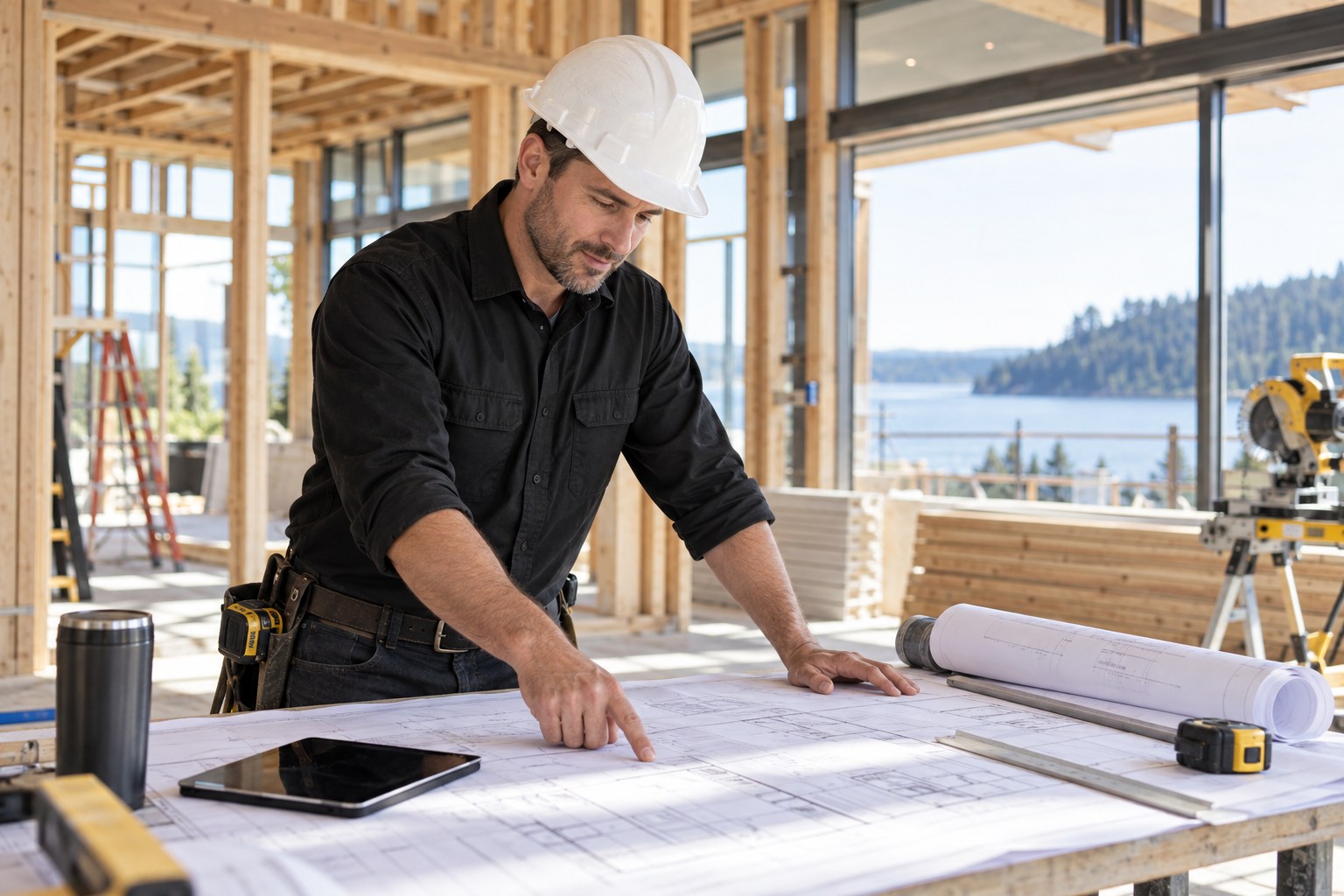 A professional general contractor wearing a clean hard hat discussing architectural plans at a portable plan table at a bright tidy contemporary home construction site, orderly materials and clean framing visible