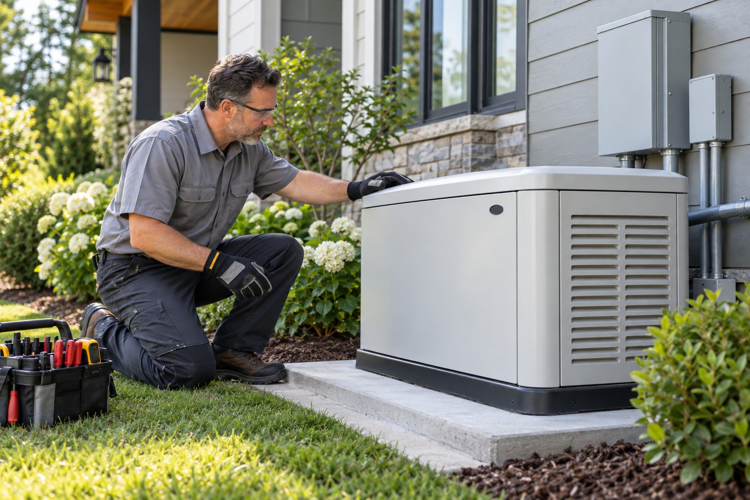 A professional generator technician inspecting a modern closed standby generator enclosure on a clean concrete pad outside a home, neatly installed adjacent electrical boxes, gloves, organized tools, bright garden