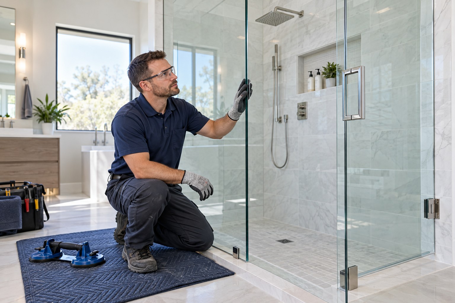 A professional glazier wearing safety glasses and cut-resistant gloves inspecting a completed frameless glass shower enclosure in a bright modern bathroom, clean suction cup handle resting on protective mat, precise polished hardware