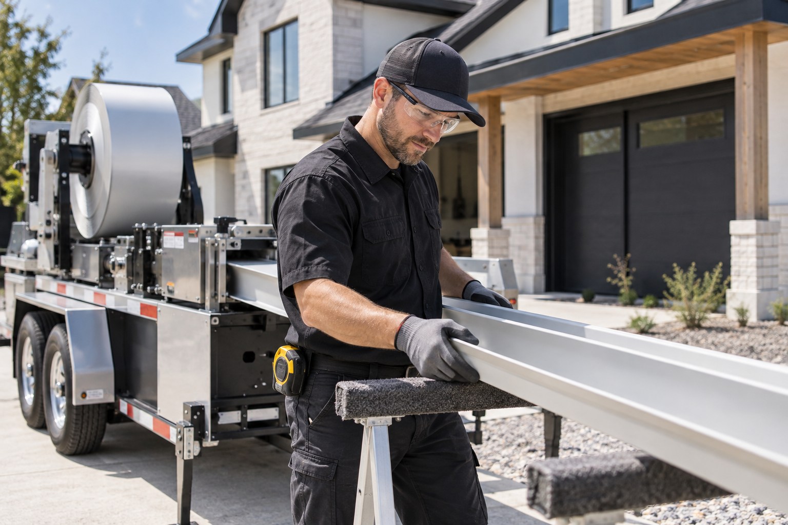 A professional gutter installer standing safely at ground level beside a clean modern gutter-forming service trailer, inspecting a newly formed gutter length on padded waist-high supports, new home exterior behind