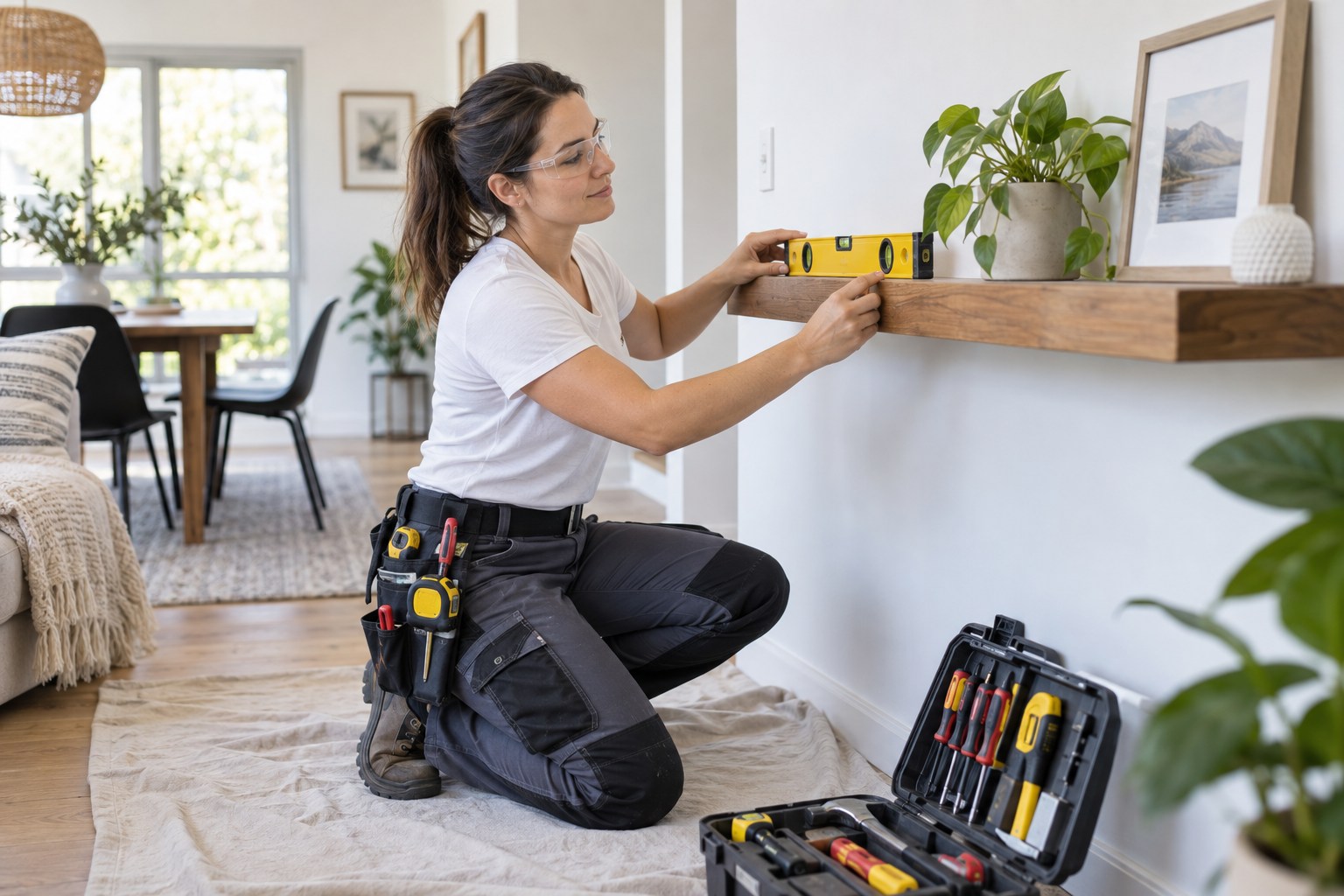 A professional handyman aligning a small wall shelf with a spirit level in a bright well-kept home, compact tool case neatly arranged on a protective mat, tidy room and clean craftsmanship