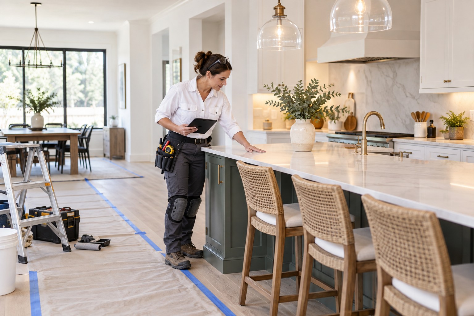 A professional home remodeling contractor checking the finish of a newly renovated bright open-plan kitchen, protected floor walkway and neatly arranged finishing tools, beautiful cabinetry and completed island