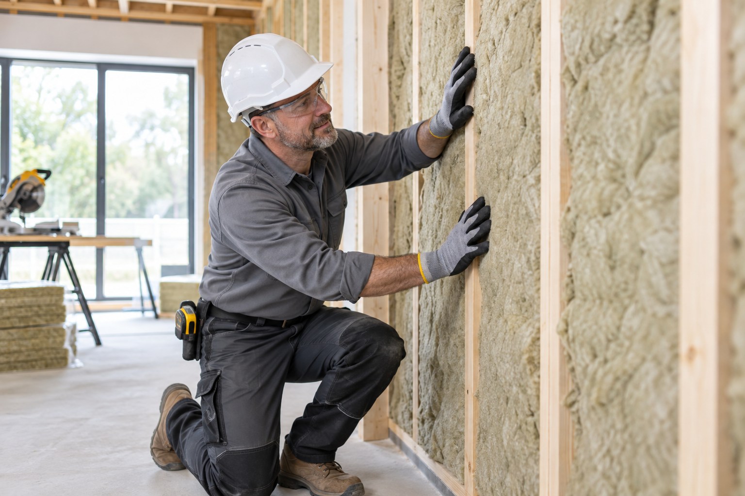 A professional insulation installer with appropriate gloves and protective clothing inspecting neatly installed mineral-wool batts between studs in a bright clean new-build room, no loose airborne fibers