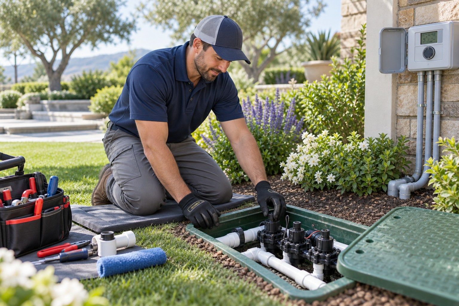 A professional irrigation technician kneeling on a clean mat beside a neatly installed open irrigation valve box in a manicured garden, clearly arranged PVC piping and controller visible nearby, organized hand tools