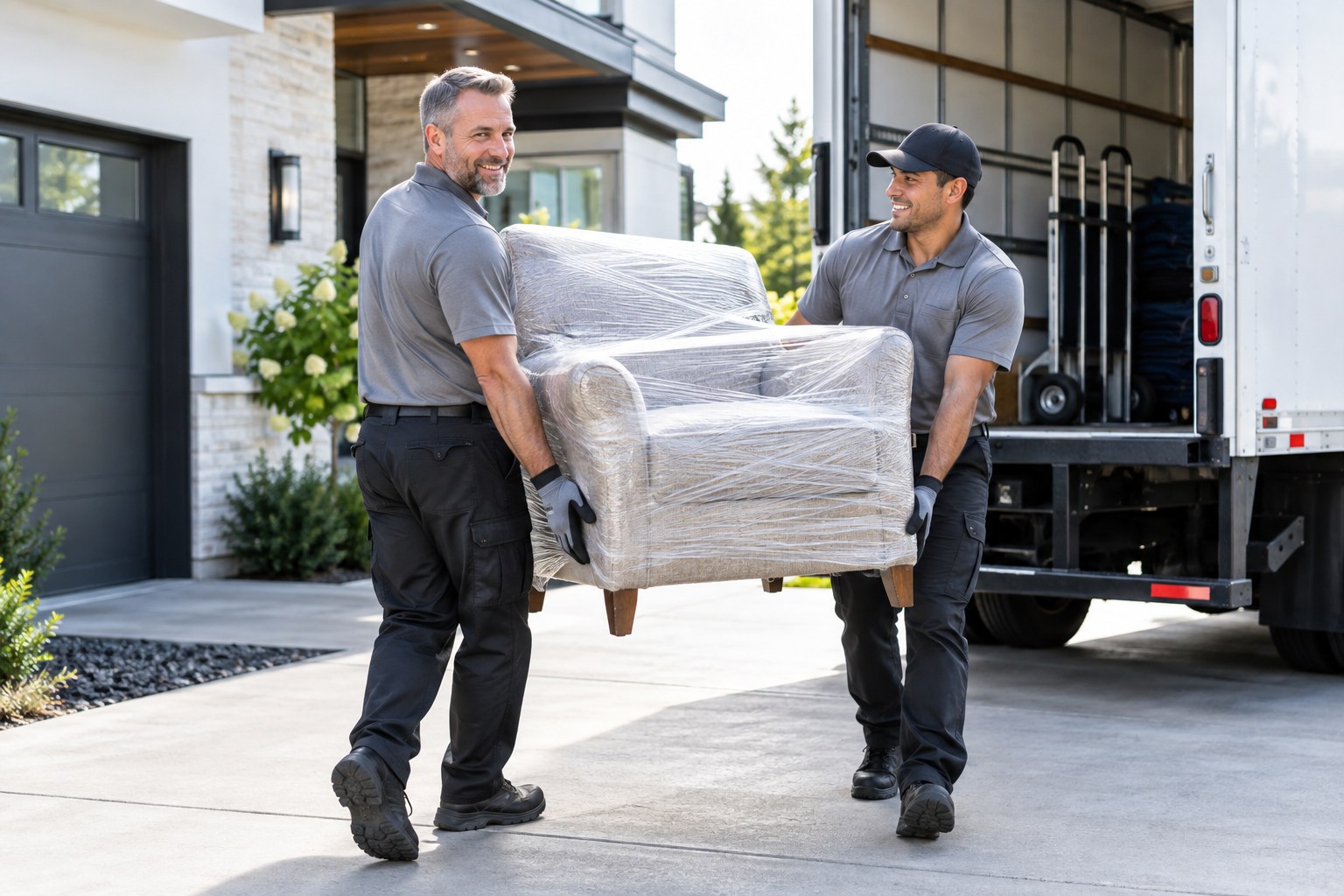 Two professional junk-removal technicians in clean work uniforms and gloves carrying a neatly wrapped old chair toward a spotless modern removal truck at a tidy driveway, clean orderly scene, no rubbish pile