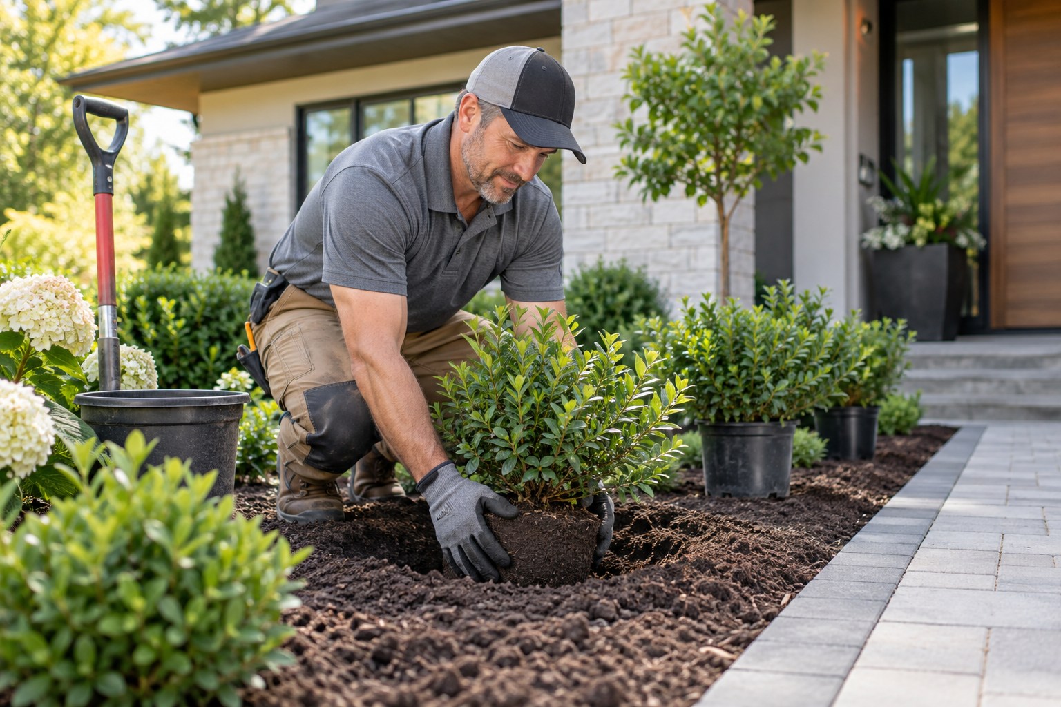A professional landscaper wearing gloves planting a shrub in a carefully prepared landscaped bed beside a newly completed modern home's walkway, clean edging, orderly plants in nursery pots