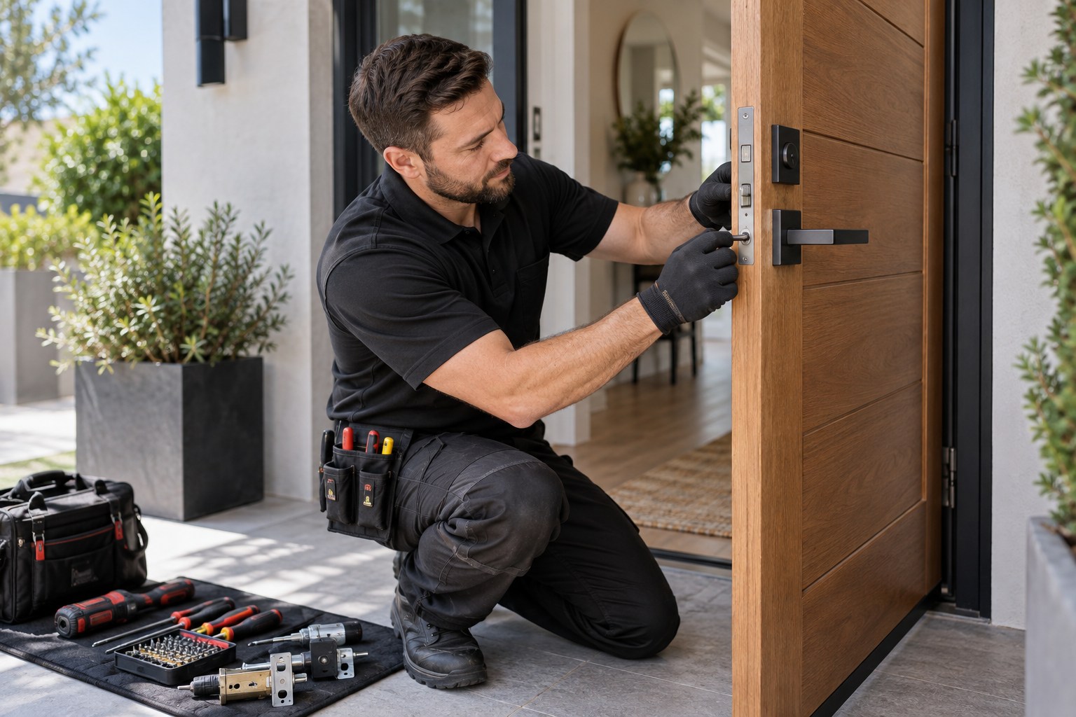 A professional locksmith in a clean uniform carefully fitting a new door handle and lockset to a modern home's front door, neatly organized tools on a mat, bright entryway, no visible keys or access codes