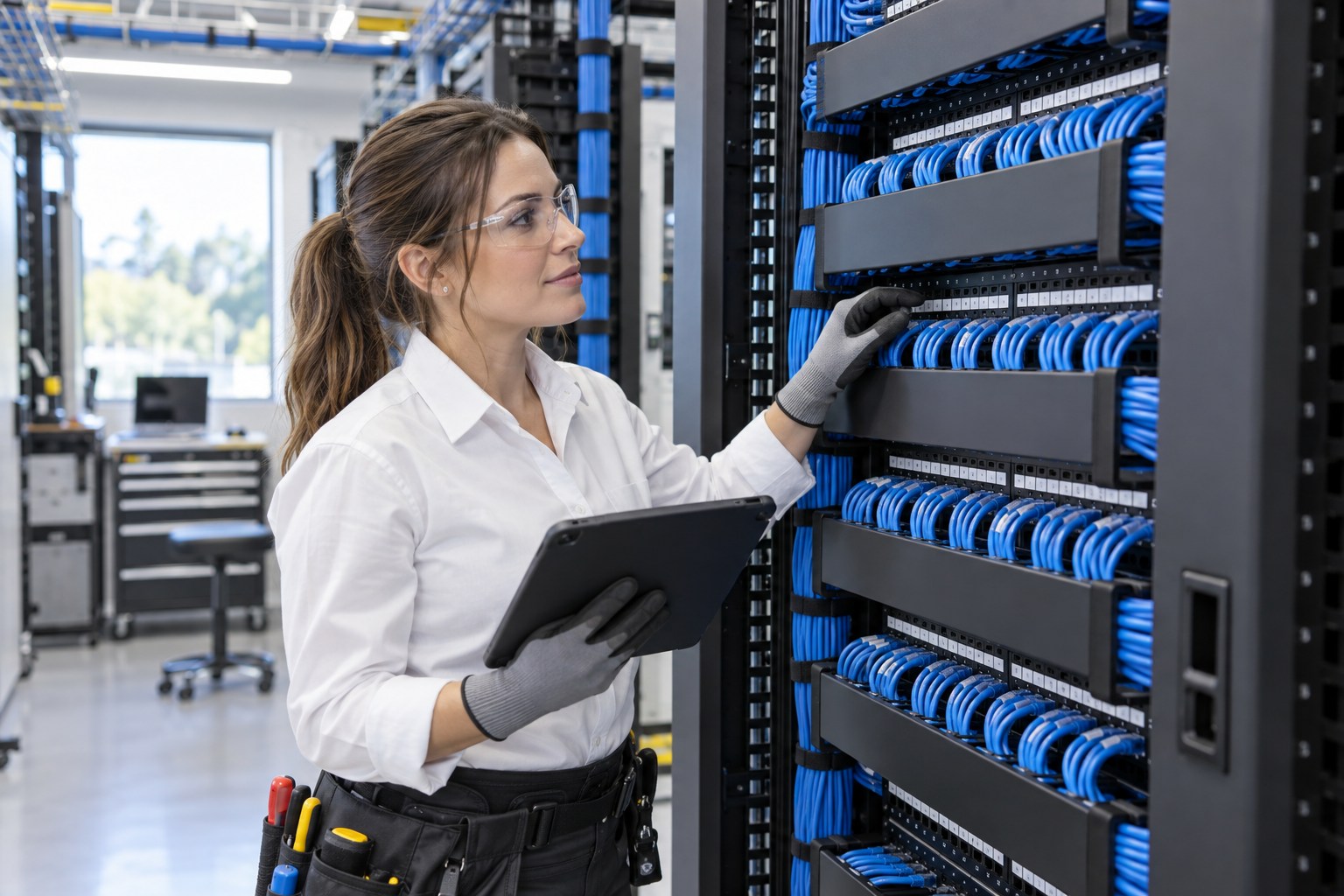 A professional low-voltage cabling technician inspecting an immaculate structured-cabling rack with neatly dressed blue patch cables in a bright modern communications room, clean labeled panels without readable customer data