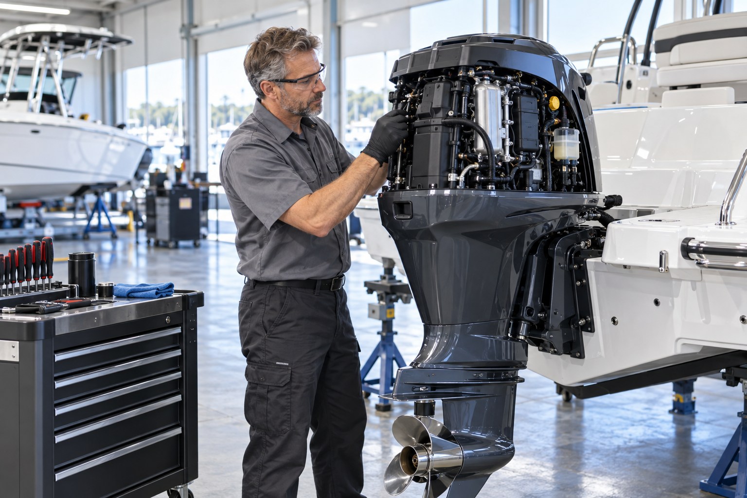 A professional marine technician in a clean uniform inspecting a modern outboard motor on a spotless boat in a bright organized marine service workshop, clean tool trolley and stable boat supports